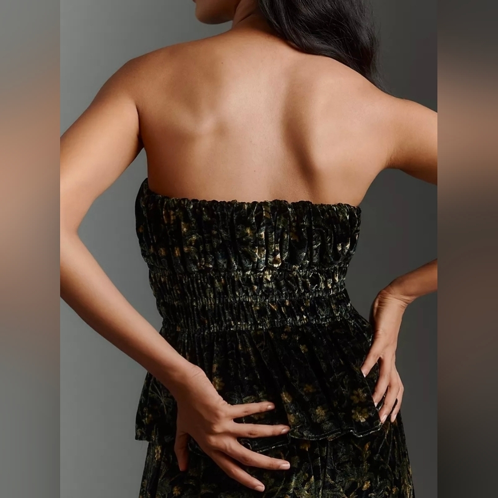 Anthropologie Somerset Green Floral Velvet Strapless Top - Picture 4 of 7